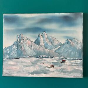 Snowy Mountain Scene with Buffalo Yaks Original Oil Painting signed R Helmecki